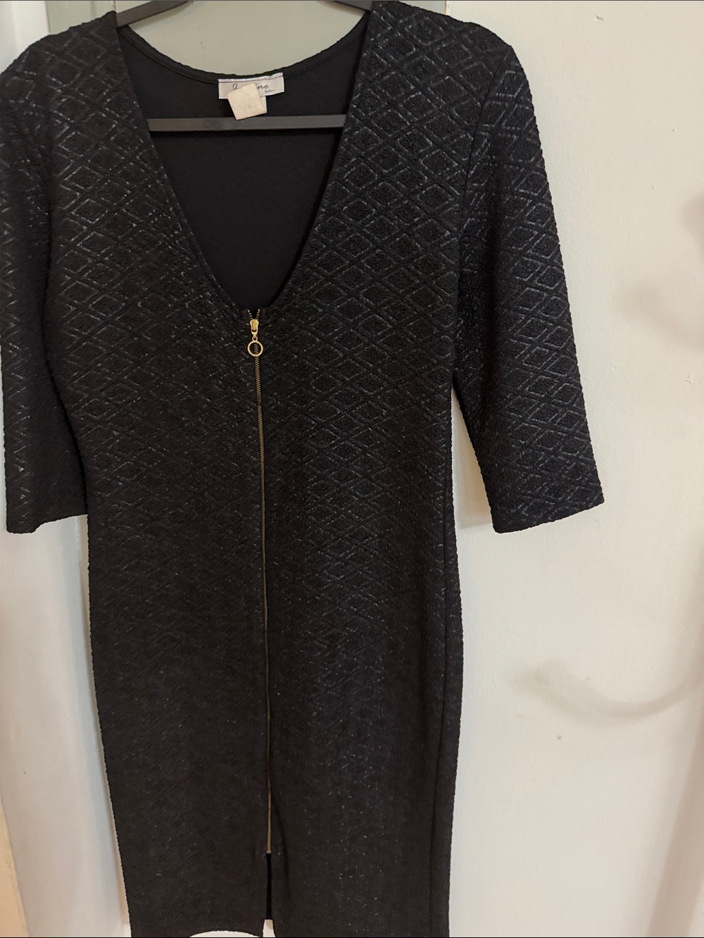 Jasmine Black Textured V-Neck Zip Front Dress